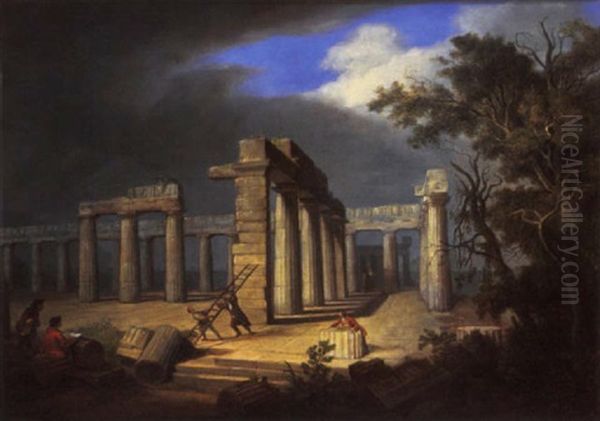 An Artist Sketching The Ruins At Paestum Oil Painting by Vinzenz Fischer