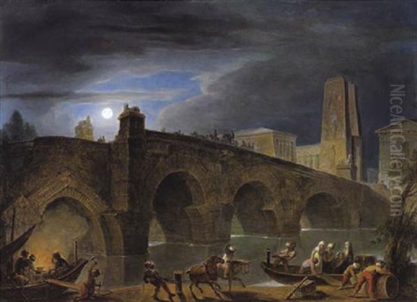 Blick Auf Eine Steinerne Bogenbrucke Und Die Klassizistischen Bauten Einer Stadt Bei Mondschein, Im Vordergrund Boote Mit Figuren Und Treidelpferden Oil Painting by Vinzenz Fischer