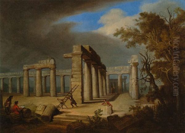 Paestum Oil Painting by Vinzenz Fischer