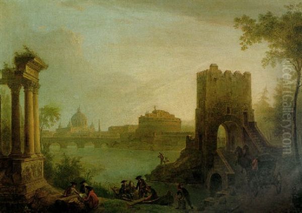 A Capriccio Of A View Of The Tiber Looking Towards The Castel Saint Angelo And Saint Peter's Oil Painting by Vinzenz Fischer