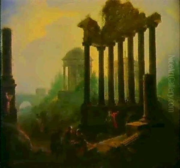 Ideale Landschaft Mit Romischen Ruinen, Einem Rundtempel    Und Figuren Oil Painting by Vinzenz Fischer