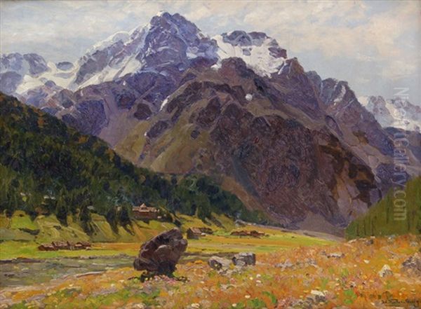 Alpenwiese Mit Bergmassiv by Adolf Fischer-Gurig