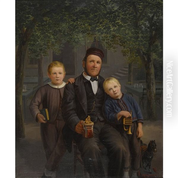 Pere Avec Ses Deux Fils Oil Painting by Jakob Henri Fischer-Hinnen