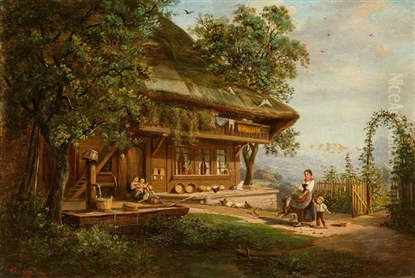 Malerisches Gehoft Mit Reicher Personenstaffage Oil Painting by Jakob Henri Fischer-Hinnen