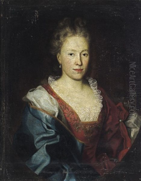 Bildnis Der Eleonora Juliana Von Hirschligau Geb. Von Volckerin In Rotem, Goldgestickten Und Spitzenbesetzten Kleid Mit Blauem Umhang Oil Painting by Isaak Fisches the Elder