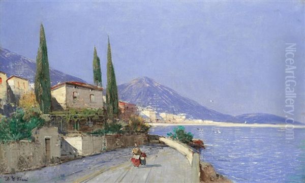 Neapolitan Coastal Landscape Oil Painting by Georg Fischhof