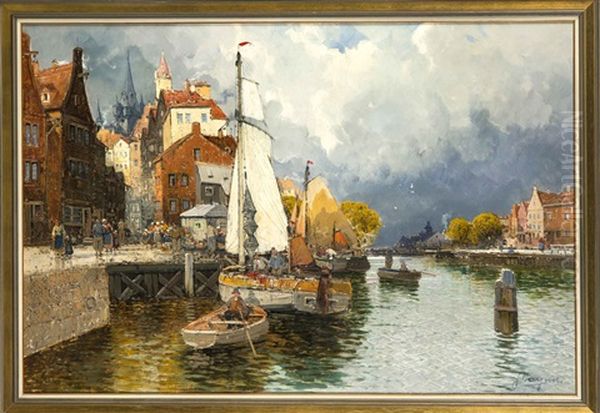 Grose Hollandische Hafenpartie Mit Marktfrauen Oil Painting by Georg Fischhof