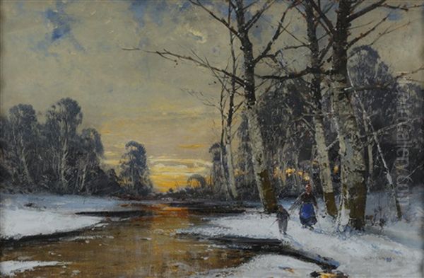 Holzsammler In Der Winteraulandschaft Oil Painting by Georg Fischhof