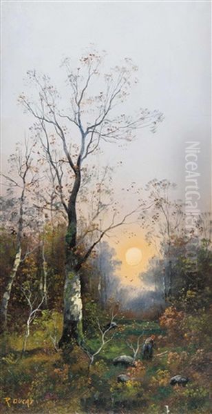 Zwei Bilder : A) Reisigsammlerin Im Birkenhain Bei Abendsonne B) Wildenten In Aulandschaft  (2 Works) Oil Painting by Georg Fischhof