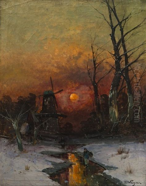 Winter Landscape At Sunset Oil Painting by Georg Fischhof