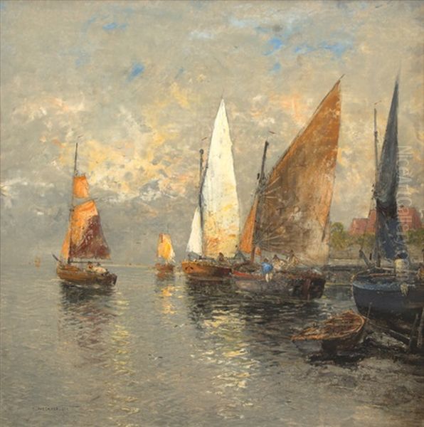 Segelboote Im Hafen Oil Painting by Georg Fischhof