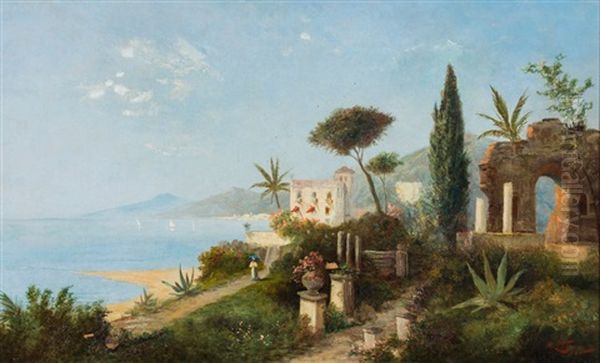 Landschaft An Der Adria Mit Villa Oil Painting by Georg Fischhof