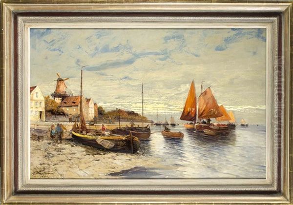 Fischer Am Hafen Einer Hollandischen Stadt Oil Painting by Georg Fischhof