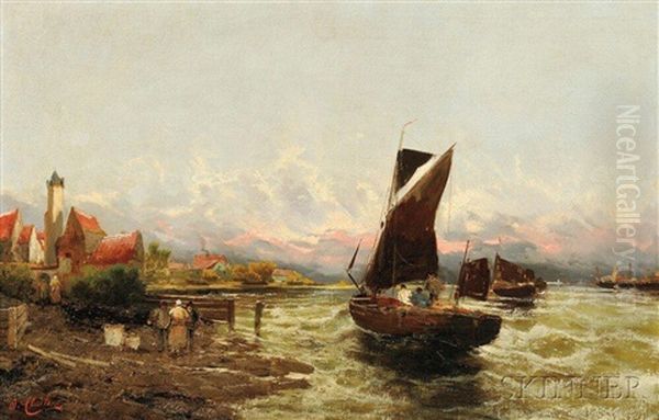 Shore With Fishermen Oil Painting by Georg Fischhof