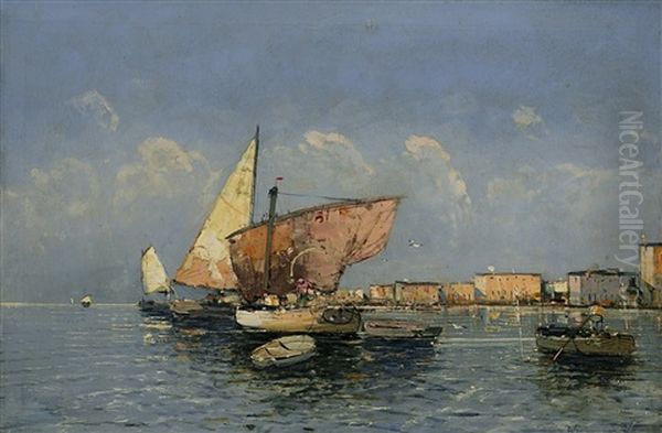 Hafenansicht Mit Segelbooten Oil Painting by Georg Fischhof