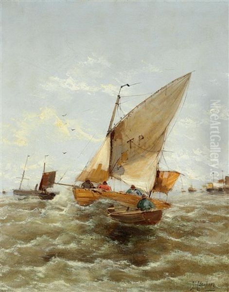 Fischer In Ihren Booten Vor Der Kuste Oil Painting by Georg Fischhof