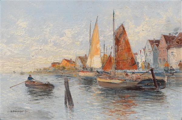 Sailing Boats By The Pier Oil Painting by Georg Fischhof