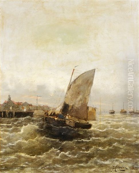 Fischerboote Bei Bewegter See Vor Hafen Oil Painting by Georg Fischhof