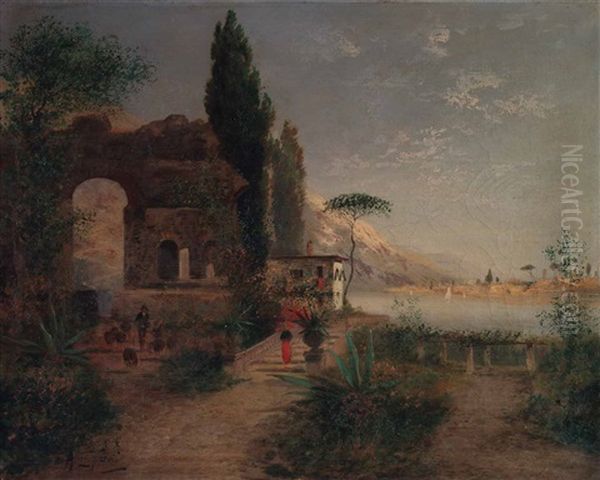 Italienische Kustenlandschaft Mit Ruine, Schafer U. Agaven Bei Casamicciola Oil Painting by Georg Fischhof