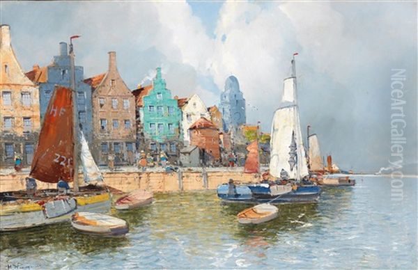 Dutch Harbour View Oil Painting by Georg Fischhof