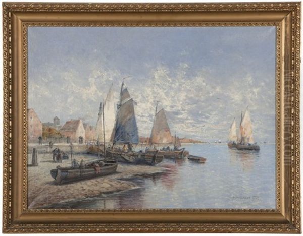 Fishing Village With Boats Oil Painting by Georg Fischhof