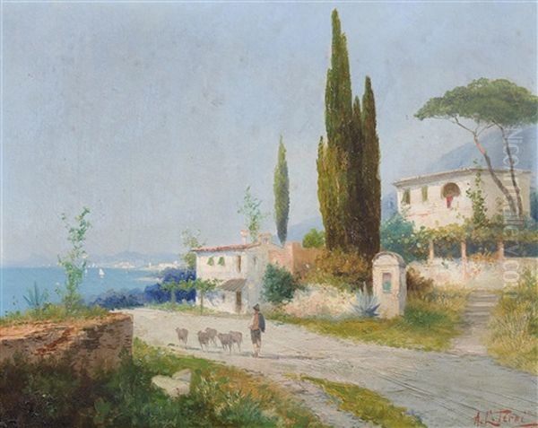 Italienische Landschaft Mit Schafherde Und Hirte Oil Painting by Georg Fischhof