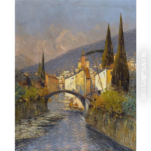 Sudliche Ortschaft Mit Bogenbrucke Oil Painting by Georg Fischhof