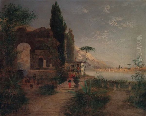 Italienische Kustenlandschaft Mit Ruine, Schafer U. Agaven Bei Casamicciola Oil Painting by Georg Fischhof