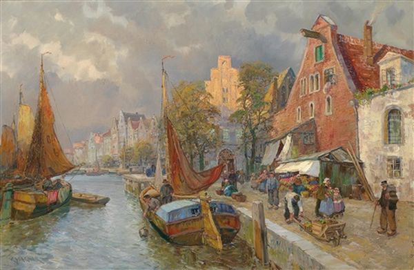 Blumenmarkt An Der Mole Oil Painting by Georg Fischhof