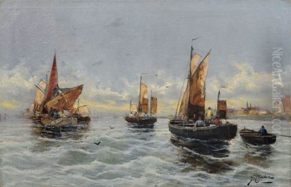 Fischerbarken An Der Holland.[ischen] Kuste Oil Painting by Georg Fischhof