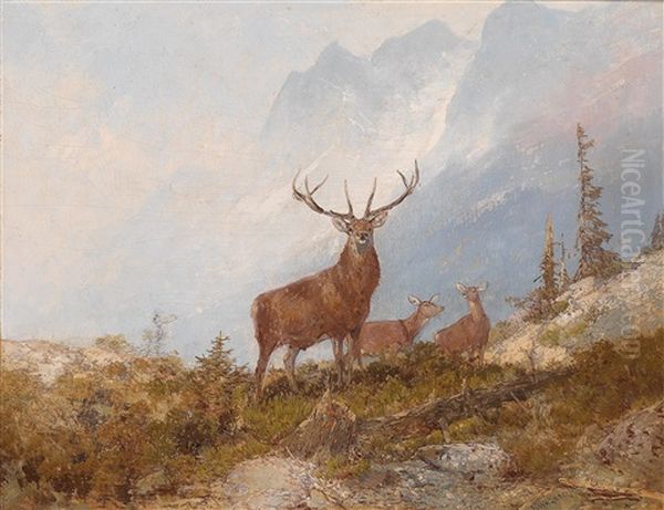 Fine Stag Oil Painting by Georg Fischhof