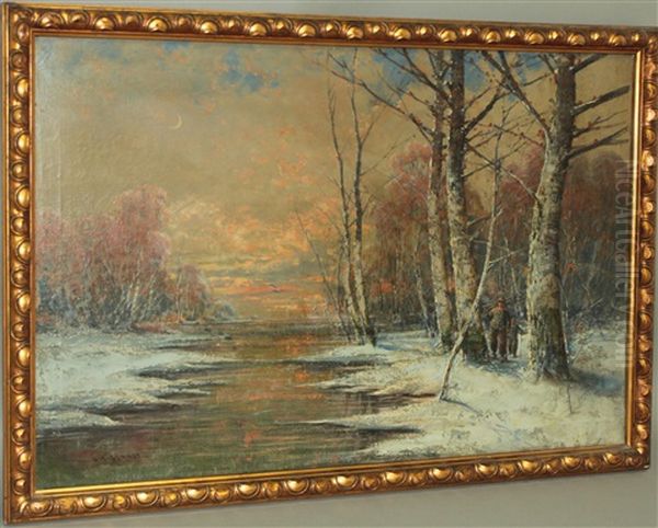 Winterliche Aulandschaft Mit Figurlicher Staffage Oil Painting by Georg Fischhof