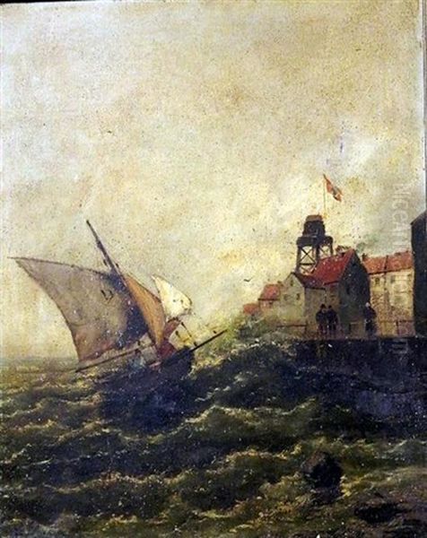 Coming In To Harbour + Wind Off The Harbour (2 Works) Oil Painting by Georg Fischhof