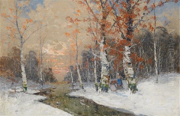 Winterwald Mit Reisigsammler Oil Painting by Georg Fischhof