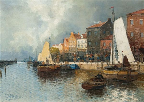 Small Harbour Oil Painting by Georg Fischhof