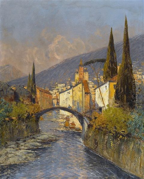 Sudliche Ortschaft Mit Bogenbrucke Oil Painting by Georg Fischhof