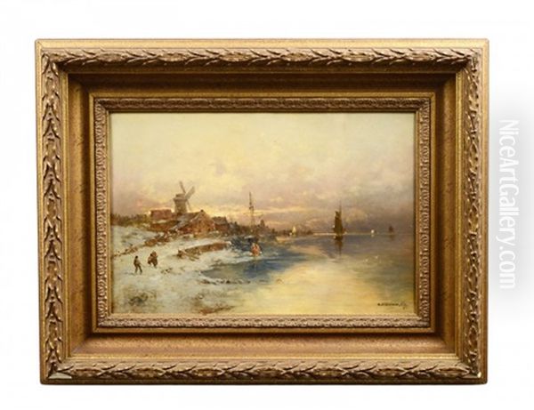 Winter Coastal Landscape With Windmill, Boats And Figures Oil Painting by Georg Fischhof