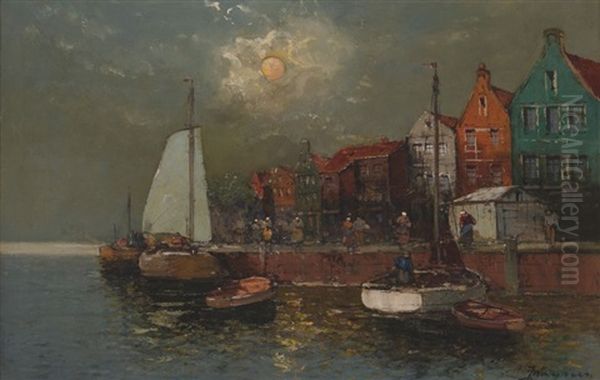 Nachtliche Hafenstadt Oil Painting by Georg Fischhof