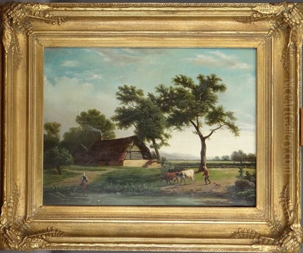 Vaches Et Couple De Fermiers Au Bord De L'eau Oil Painting by Georg Fischhof