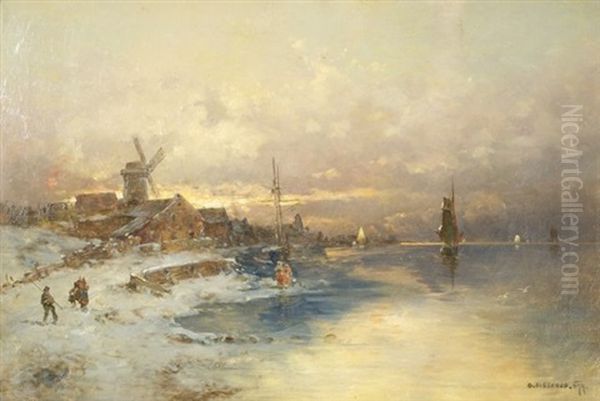 Dutch Harbor Scene Oil Painting by Georg Fischhof