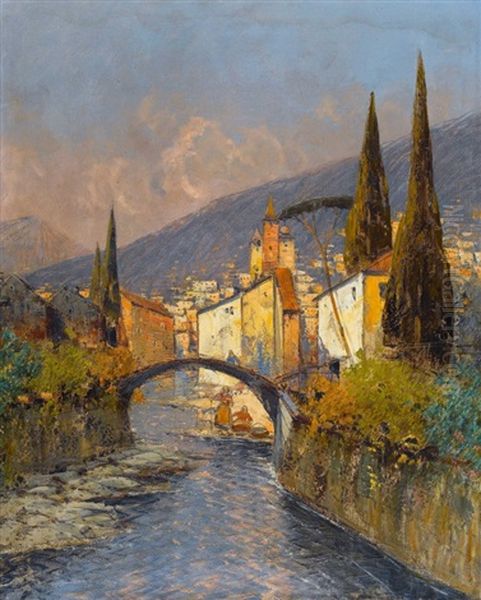 Sudliche Ortschaft Mit Bogenbrucke Oil Painting by Georg Fischhof