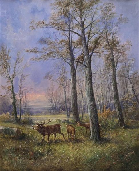 Jahreszeitenbild: Rotwild Im Herbstwald Oil Painting by Georg Fischhof