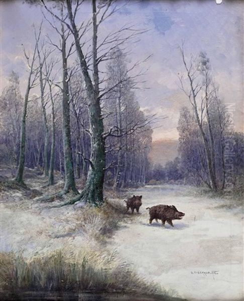 Jahreszeitenbild: Wildschweine Im Winterwald Oil Painting by Georg Fischhof