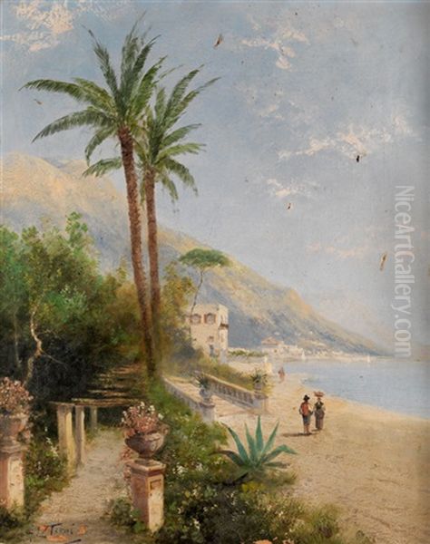 Italienische Kustenlandschaft Mit Palmen Zwischen Uferpromenade Und Pergola Oil Painting by Georg Fischhof