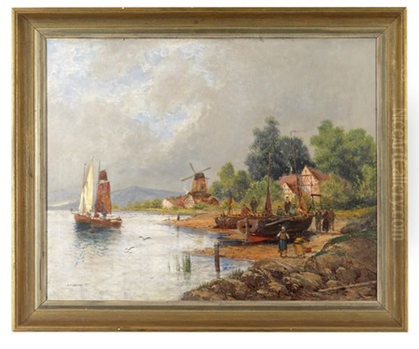 Fischer Am Strand Oil Painting by Georg Fischhof