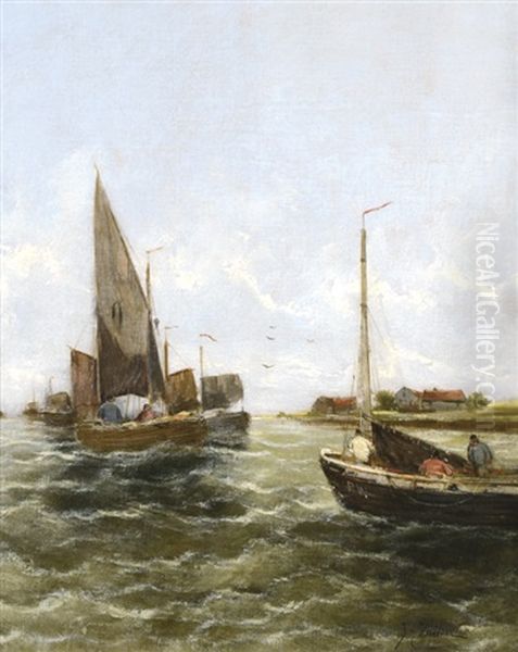 Fishing Boats Near Shore Oil Painting by Georg Fischhof