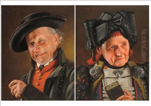 Portrait Of An Elderly Lady, Wearing An Ornate Costume And Black Hat In The Form Of A Large Ribbon (+ Portrait Of An Elderly Gentleman...; Pair) Oil Painting by Georg Fischhof