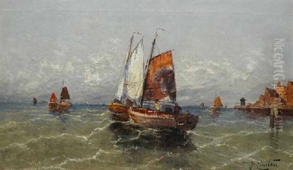 Fishing Boats On The Danish Coast Oil Painting by Georg Fischhof