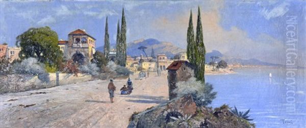 Italian Seaside Oil Painting by Georg Fischhof