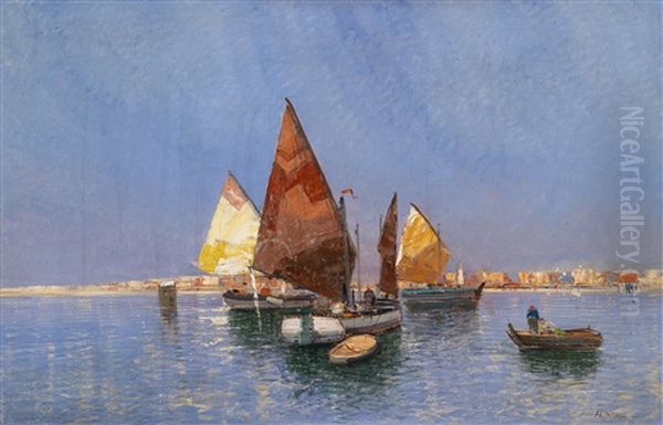 Segelschiffe Vor Sudlichem Hafen (venedig) Oil Painting by Georg Fischhof